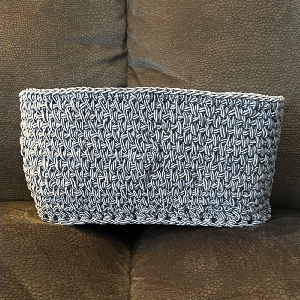 Handmade Gray Crocheted Basket with Black Leather Bottom